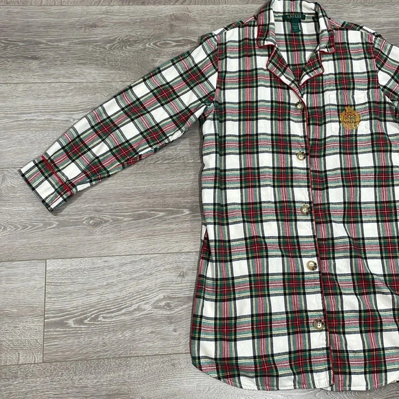 Lauren Ralph Lauren Flannel Plaid Button Front Collared Sleepshirt Pocket L - Picture 8 of 16